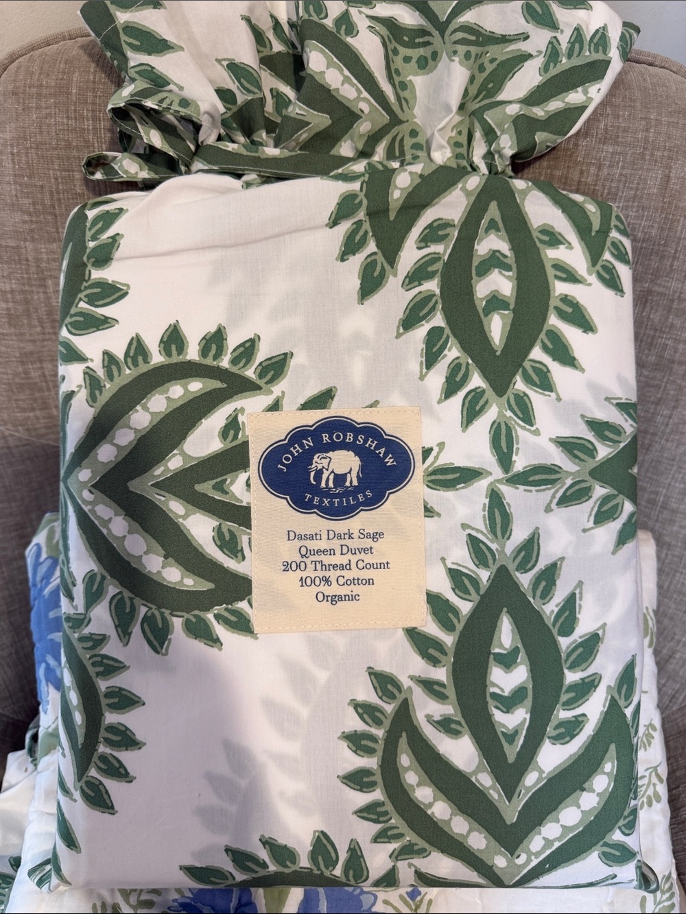 John Robshaw Dark Sage and White Botanical Queen Duvet Cover